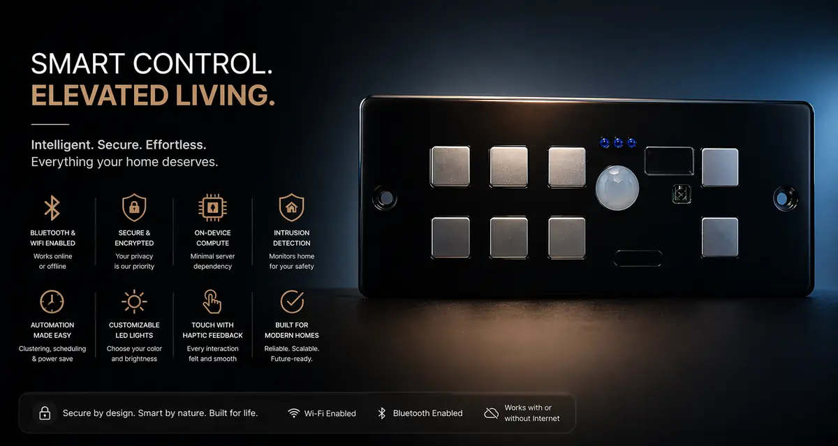 Zimarix premium smart home switch panel mounted on marble wall — aircraft-grade aluminium anodised finish, Bangalore